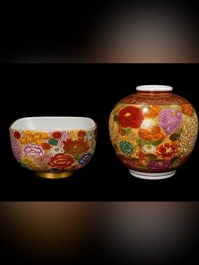 Vintage Japanese Kutani Hanazume 1000 Flowers Millefleur Vase & Matching Bowl
